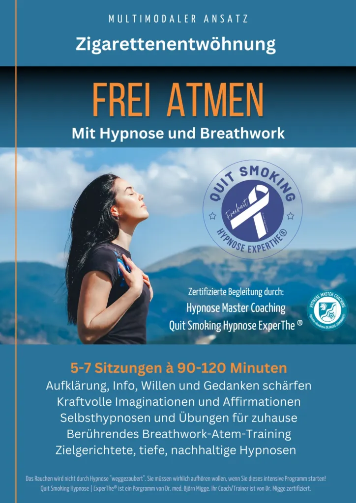 Plakat „Frei Atmen – mit Hypnose und Breathwork“ zur Zigarettenentwöhnung