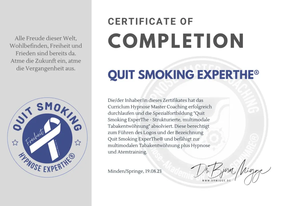 Abschlusszertifikat „Quit Smoking ExperThe“ von Ellen Buttgereit, Hypnose-Akademie Dr. Migge, 19.08.2023